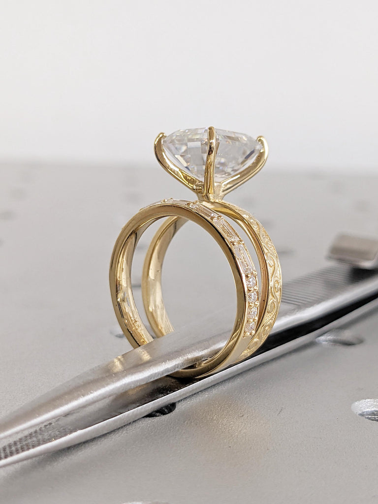 Emerald Cut Moissanite Ring Set, 18k Solid Gold Ring Set, Dainty Baguette Ring, Stacking Ring, Filigree Gold Statement Ring, Engagement Gift