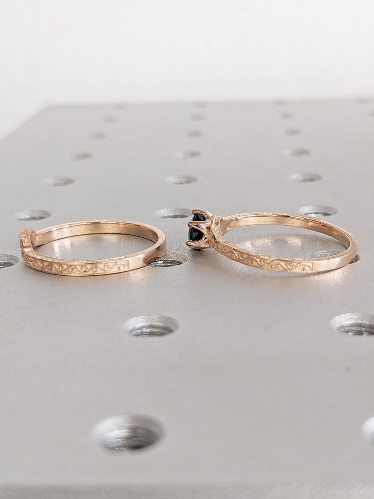 Round Sapphire Ring Set, Rose Gold Filigree Ring, Diamond and Sapphire Engagement Ring Set, Montana Sapphire Women Wedding Ring, Bridal Set