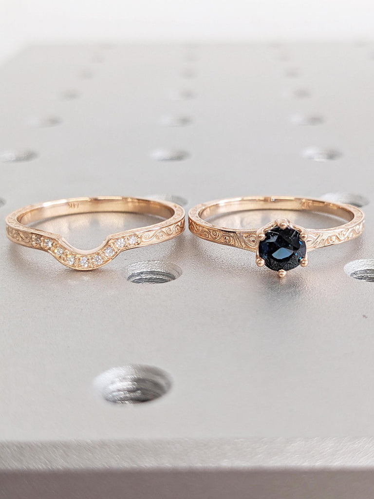 Round Sapphire Ring Set, Rose Gold Filigree Ring, Diamond and Sapphire Engagement Ring Set, Montana Sapphire Women Wedding Ring, Bridal Set