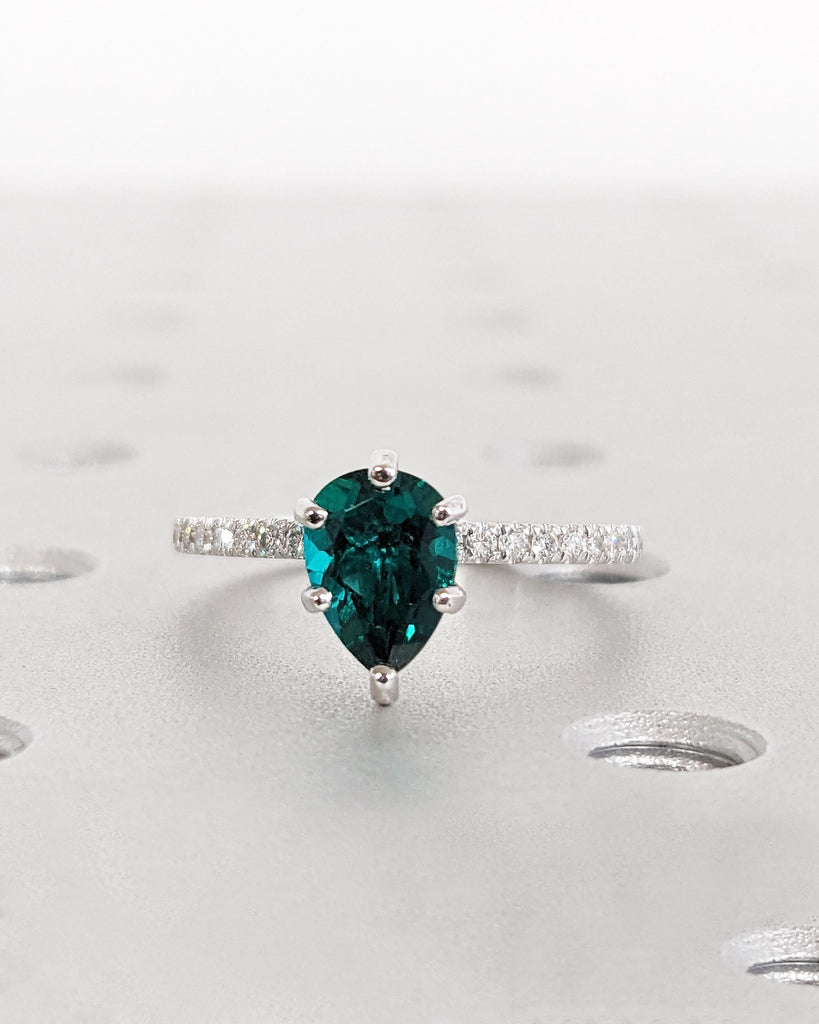 Art Deco Emerald Wedding Anniversary Ring for Her | Pear Cut Ring | 14K Solid White Gold Moissanite Eternity Band | Simple Promise Ring Gift image #5