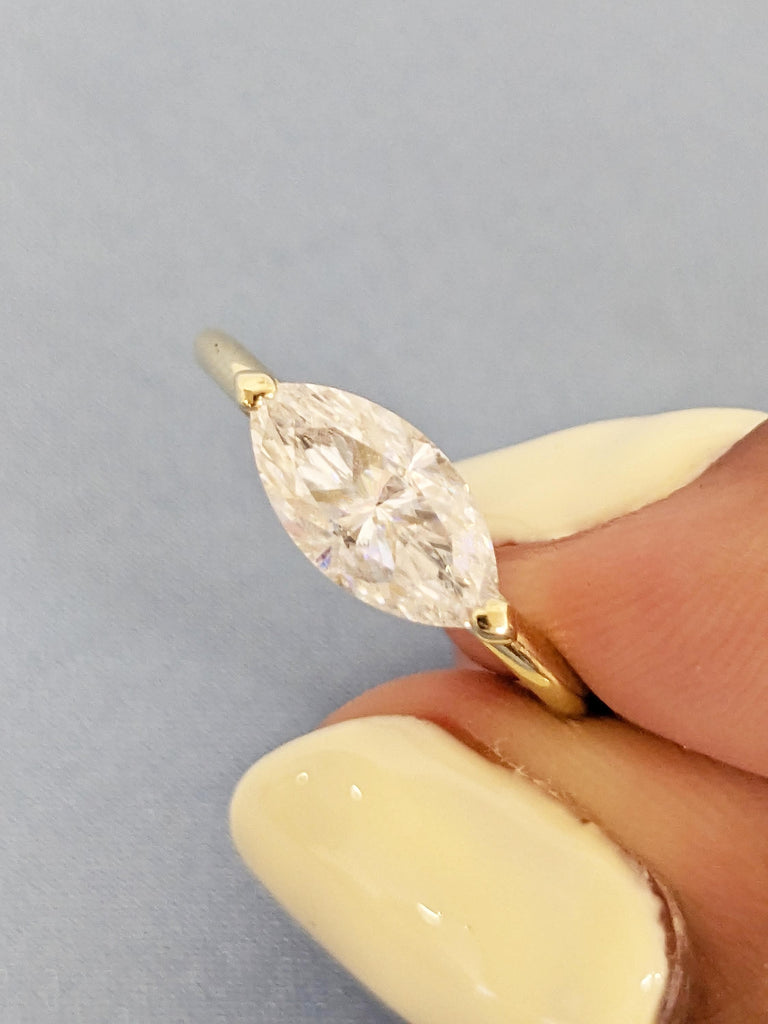 East West Engagement Ring, 0.5-4ct Marquise Moissanite Ring, 14k Solid Gold Ring, Moissanite Solitaire Ring, Minimalist Ring, Marquise Ring