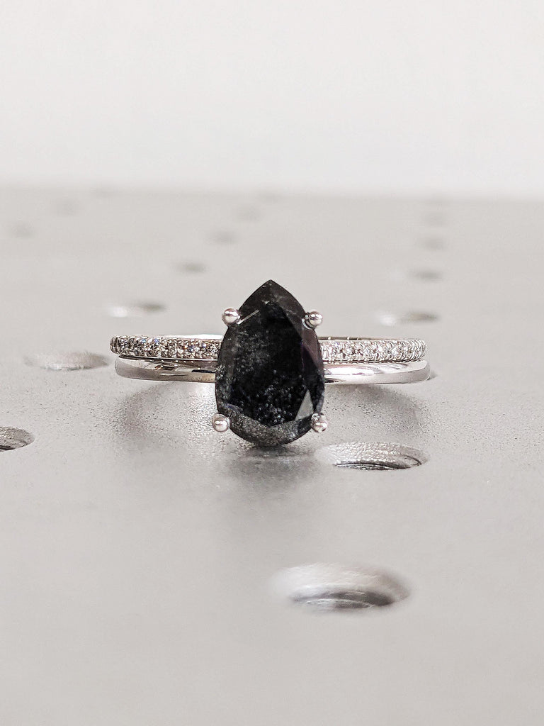 14K Solid White Gold Pear Salt and Pepper Diamond Engagement Ring, Raw Salt & Pepper Bridal Set, Unique Galaxy Diamond Ring, Stacking Rings