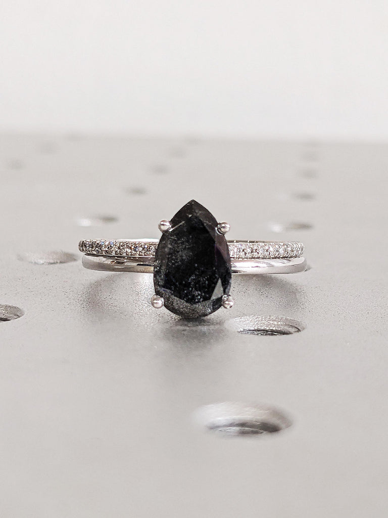 Galaxy Pear Salt and Pepper Diamond Wedding Ring, 14K White Gold Prong Setting Salt & Pepper Bridal Set, Stackable Rings, Anniversary Gift