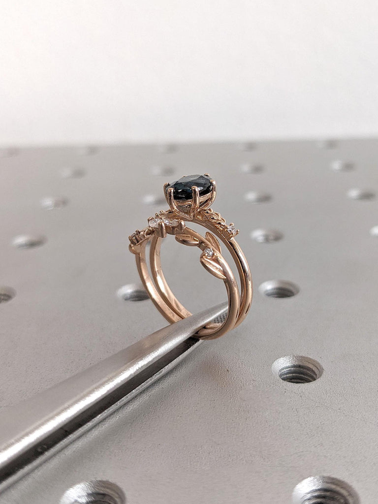 1ct Green Sapphire Engagement Ring Set | Rose Gold Sapphire and Diamond Cluster Wedding Rings For Women | September Birthstone Gift For Her
