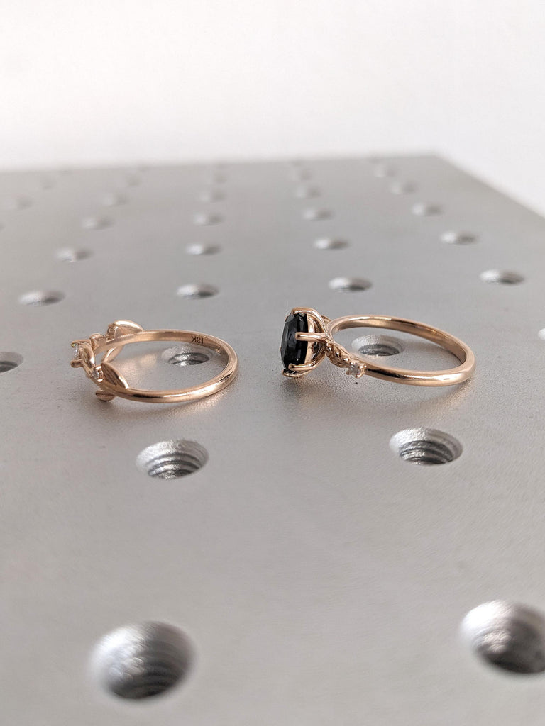 1ct Green Sapphire Engagement Ring Set | Rose Gold Sapphire and Diamond Cluster Wedding Rings For Women | September Birthstone Gift For Her