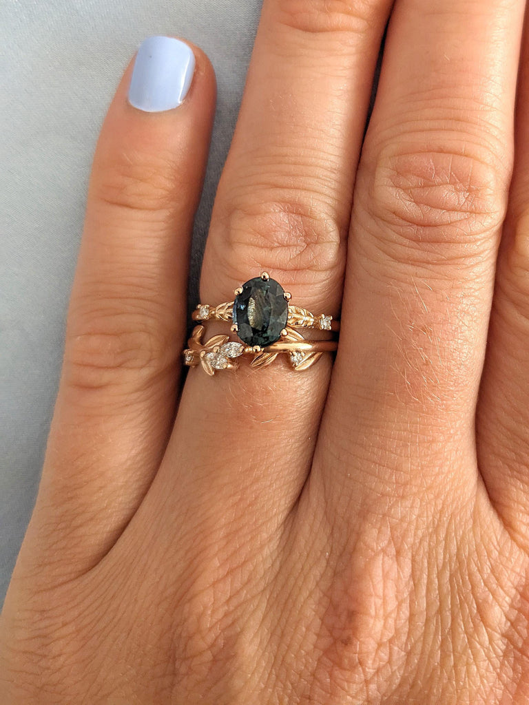 1ct Green Sapphire Engagement Ring Set | Rose Gold Sapphire and Diamond Cluster Wedding Rings For Women | September Birthstone Gift For Her