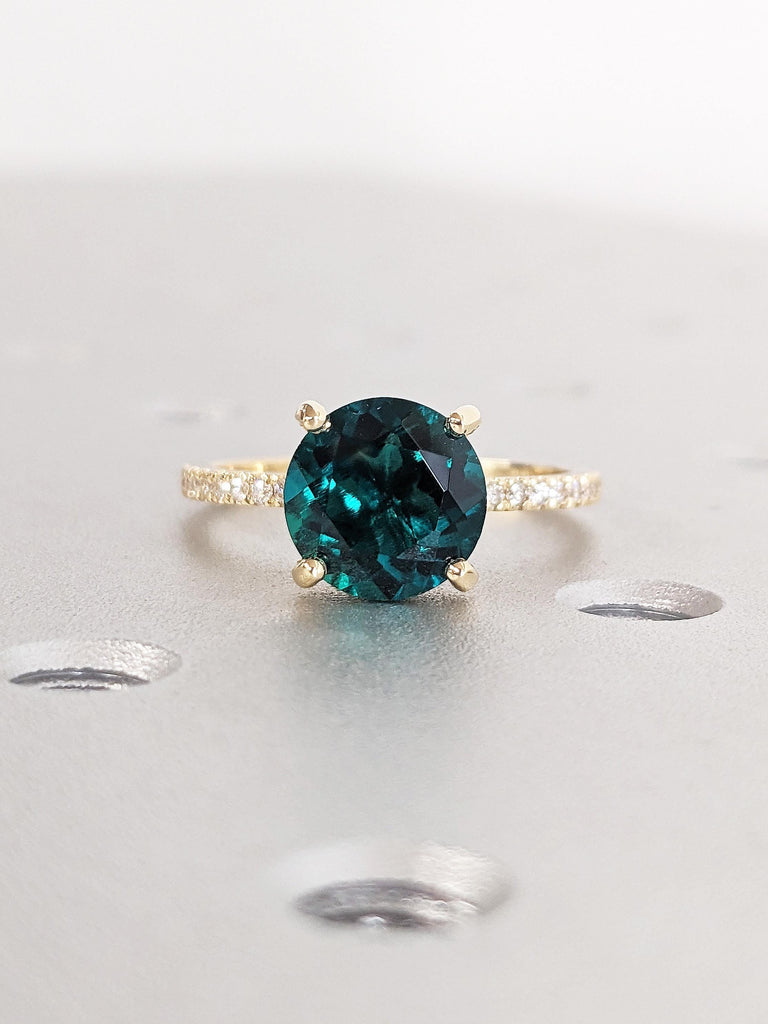 18K Yellow Gold Emerald Engagement Ring, Round Hidden Halo Diamond Wedding Ring, Modern Statement Jewelry, Unique Proposal Ring for Her