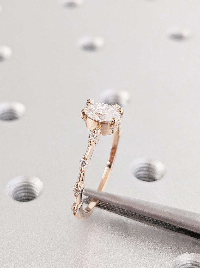 Vintage Oval Cut Moissanite Engagement Ring, Classic 14K Solid Rose Gold Moissanite Bridal Ring, Thin Wedding Ring, Anniversary Promise Ring