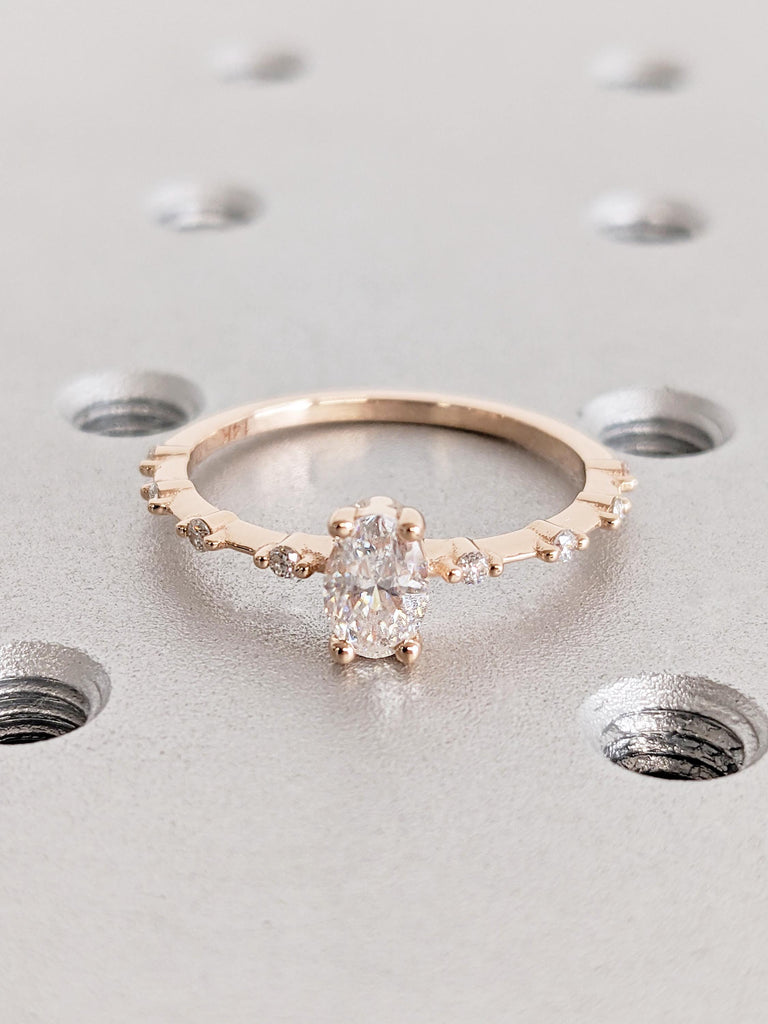 Dainty Oval Cut Lab Diamond Bridal Ring, Slim 14K Solid Rose Gold Wedding Ring, Simulated Diamond Engagement Ring, Anniversary Gift for Her