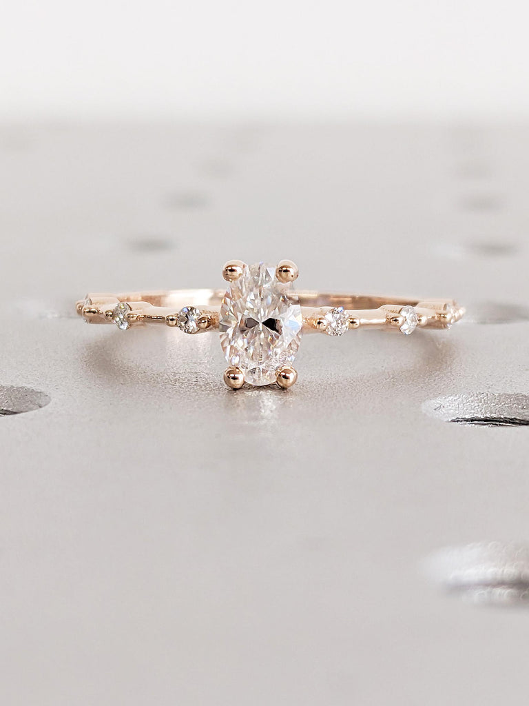 Dainty Oval Cut Lab Diamond Bridal Ring, Slim 14K Solid Rose Gold Wedding Ring, Simulated Diamond Engagement Ring, Anniversary Gift for Her