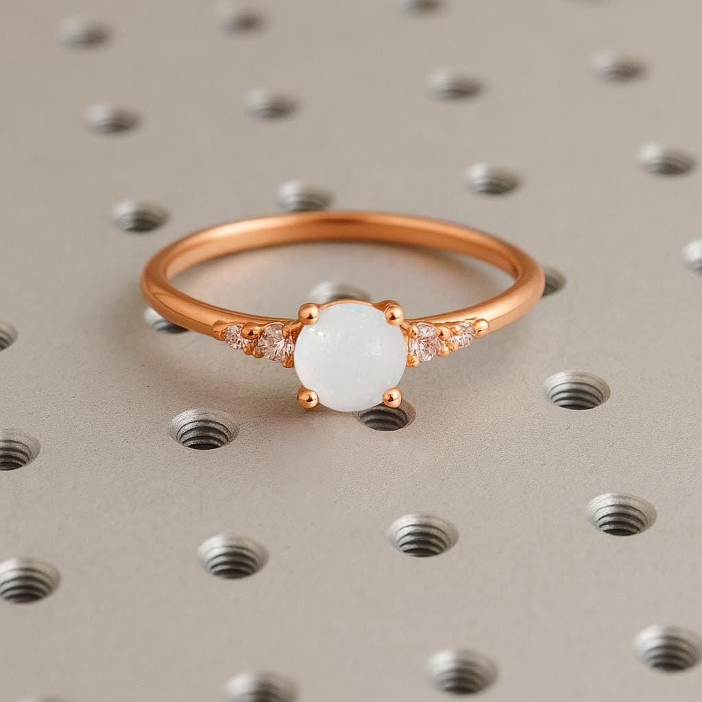 Round Opal Engagement Ring, Rose Gold Moissanite and Opal Ring for Women