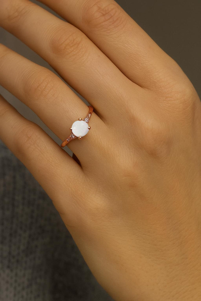 Dainty Opal Ring, 14k Rose Gold Engagement Ring, Opal and Diamond Wedding Ring