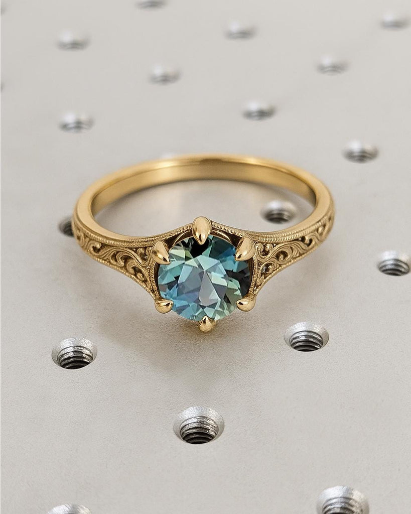 Vintage Sapphire Engagement Ring, 14K Yellow Gold Filigree Art Deco Promise Ring, Round Teal Sapphire Ring, Unique Anniversary Ring for Her