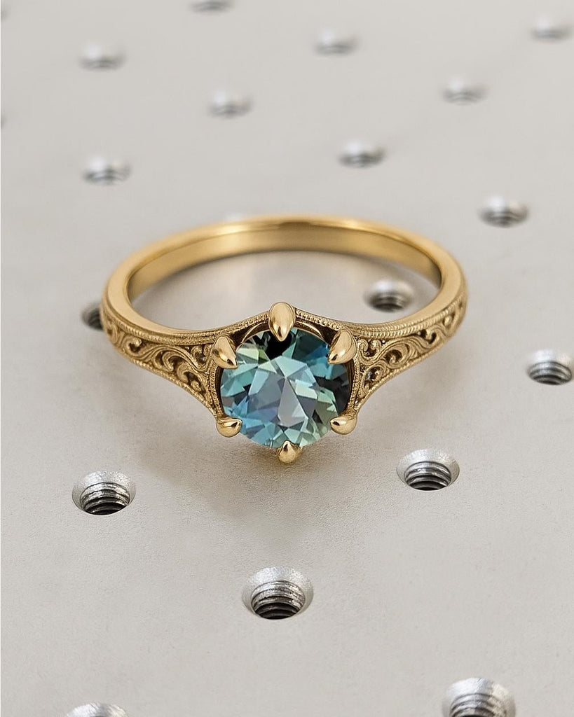 Art Deco Teal Sapphire Engagement Ring / 14K Gold Vintage Filigree Wedding Ring / Blue Green Gemstone Ring September Birthstone Gift for Her