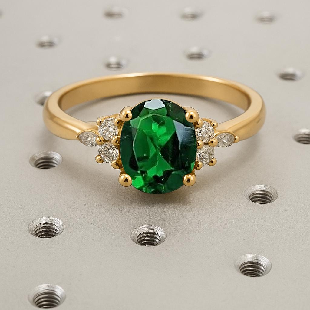 Art Deco Oval Engagement Ring, 14k Yellow Gold Emerald Ring