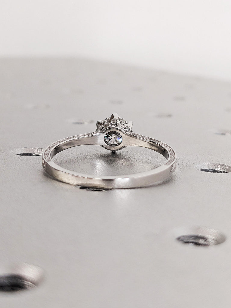 Vintage Round Moissanite Engagement Ring, Platinum Hidden Halo Wedding Ring, Vintage Filigree Diamond Ring, Unique Art Deco Diamond Ring