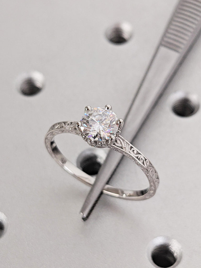 Vintage Round Moissanite Engagement Ring, Platinum Hidden Halo Wedding Ring, Vintage Filigree Diamond Ring, Unique Art Deco Diamond Ring