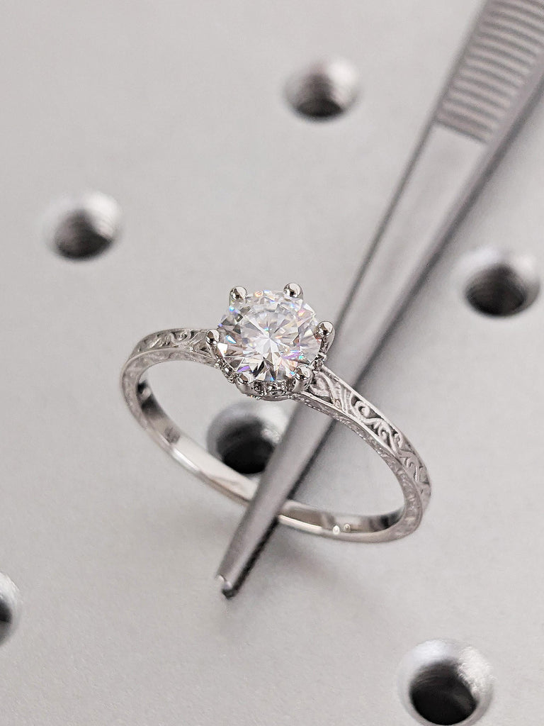 Platinum Art Deco Moissanite Engagement Bridal Ring, Hidden Halo Diamond Wedding Ring, Delicate Filigree Band, Women Stacking Promise Ring