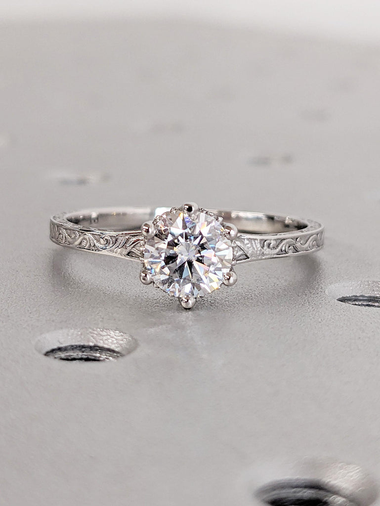 Vintage Round Moissanite Engagement Ring, Platinum Hidden Halo Wedding Ring, Vintage Filigree Diamond Ring, Unique Art Deco Diamond Ring