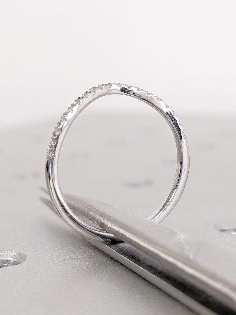 Curved Wedding Band, White Gold Stacking Ring, Matching Rings for Women, Moissanite Half Eternity Band, Vintage Wedding Band, Wedding Ring