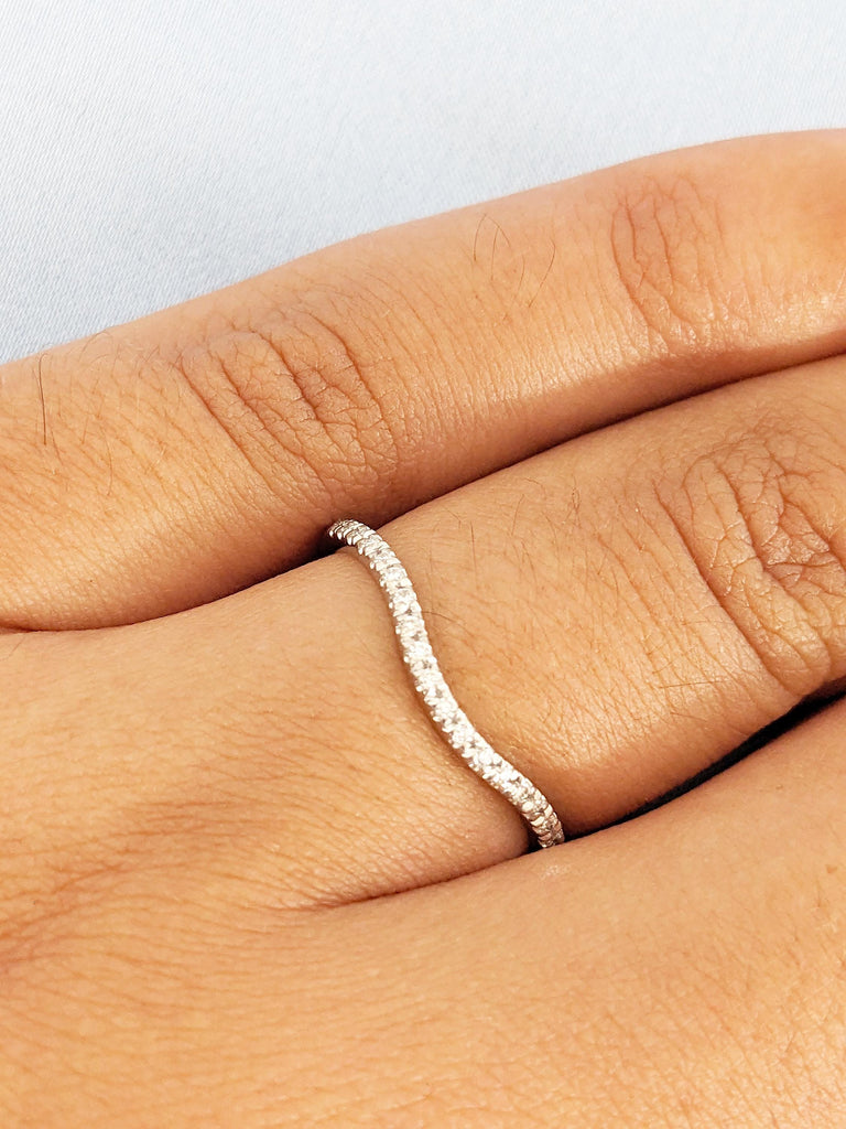 Curved Wedding Band, White Gold Stacking Ring, Matching Rings for Women, Moissanite Half Eternity Band, Vintage Wedding Band, Wedding Ring