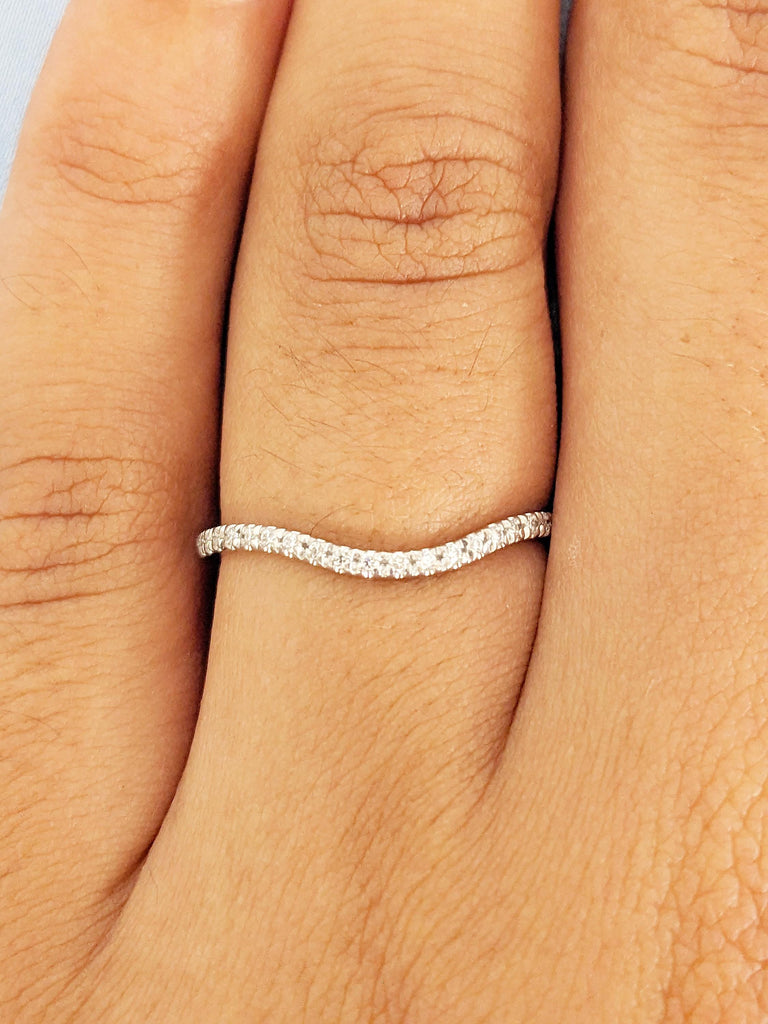 Curved Wedding Band, White Gold Stacking Ring, Matching Rings for Women, Moissanite Half Eternity Band, Vintage Wedding Band, Wedding Ring