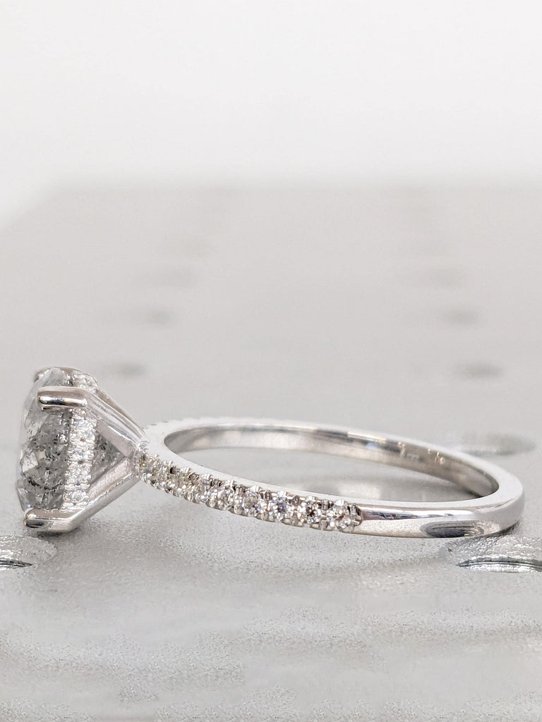Art Deco Diamond Engagement Ring, Round 1930s Salt and Pepper Diamond Ring, Half Eternity Ring, White Gold Ring, Diamond Hidden Halo Ring