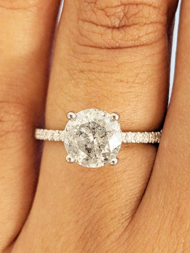 Round Salt and Pepper Diamond Ring, Hidden Halo Engagement Ring