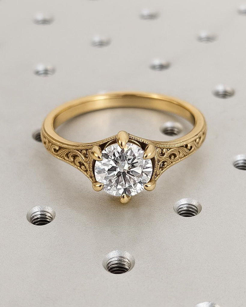 Vintage Lab Diamond Engagement Ring, 14K Yellow Gold Filigree Art Deco Promise Ring, Round Lab Grown Diamond Ring, Unique Ring for Her