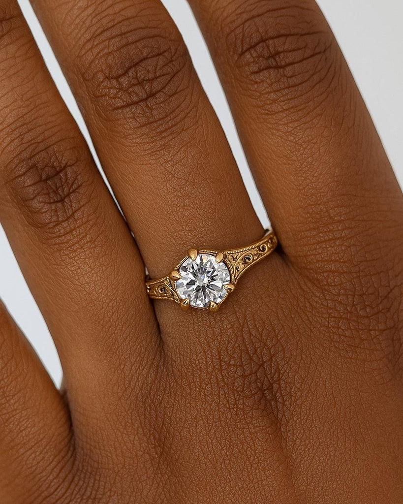 Vintage Moissanite Engagement Ring, 14K Yellow Gold Filigree Art Deco Promise Ring, Round Moissanite Ring, Unique Ring for Her