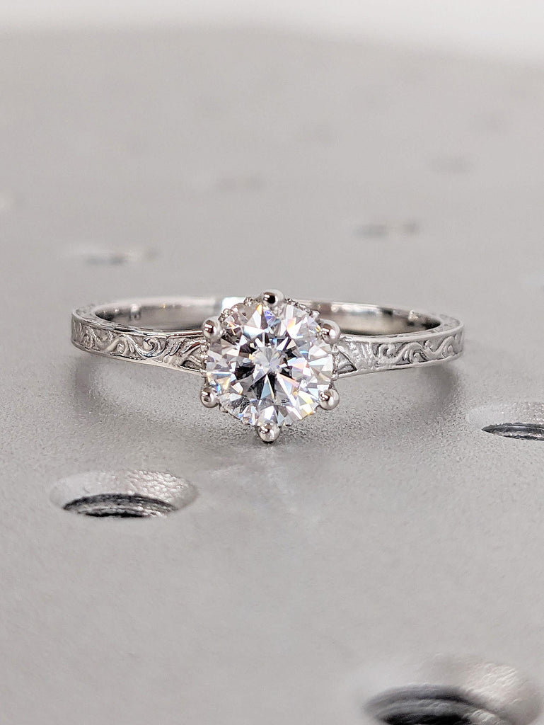 Brilliant Round Lab Diamond Wedding Ring, Vintage Platinum Hidden Halo Diamond Band, Unique Filigree Vine Ring, Eco-Friendly Diamond Ring