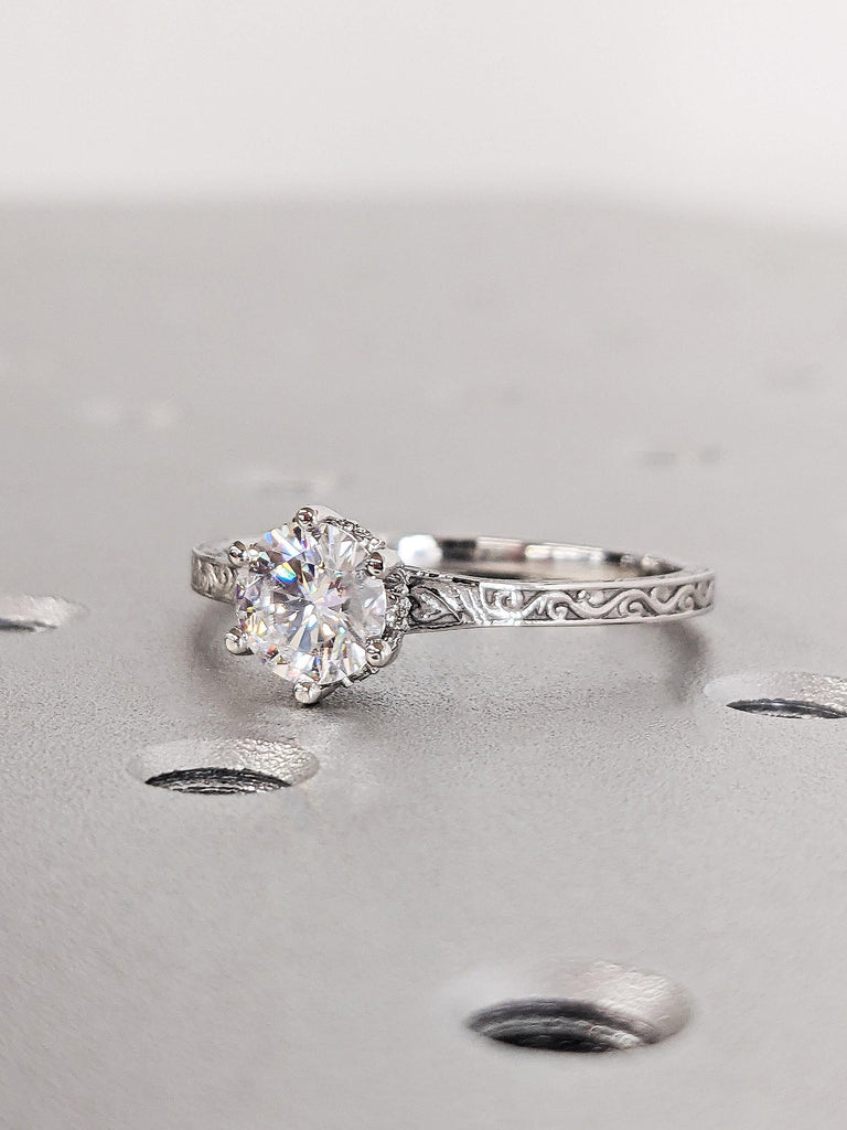 Brilliant Round Lab Diamond Wedding Ring, Vintage Platinum Hidden Halo Diamond Band, Unique Filigree Vine Ring, Eco-Friendly Diamond Ring