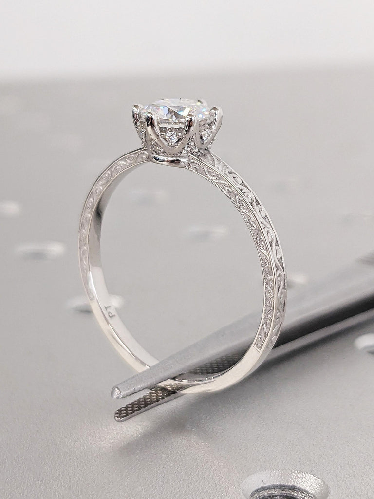 Brilliant Round Lab Diamond Wedding Ring, Vintage Platinum Hidden Halo Diamond Band, Unique Filigree Vine Ring, Eco-Friendly Diamond Ring
