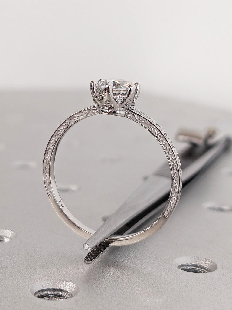 Brilliant Round Lab Diamond Wedding Ring, Vintage Platinum Hidden Halo Diamond Band, Unique Filigree Vine Ring, Eco-Friendly Diamond Ring