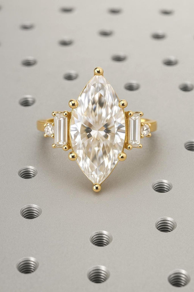 1.5ct Marquise cut Certified Lab Created Diamond Ring | 14k Yellow Gold Marquise cut Engagement Ring | Five Stone Ring Anniversary Gift for Wife