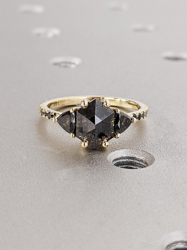 Rose Cut Salt and Pepper Diamond Engagement Ring, Trillion Diamond Wedding Ring, 14K Solid Yellow Gold Diamond Pave Band, Ombre Diamond Ring