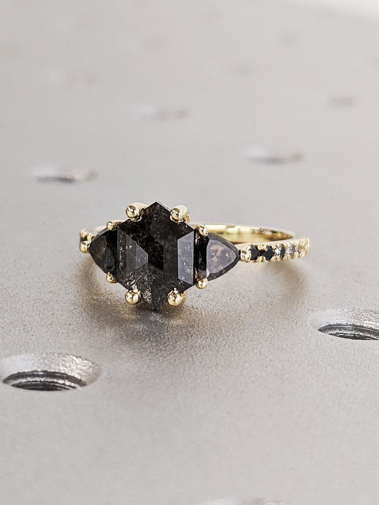 Rose Cut Salt and Pepper Diamond Engagement Ring, Trillion Diamond Wedding Ring, 14K Solid Yellow Gold Diamond Pave Band, Ombre Diamond Ring