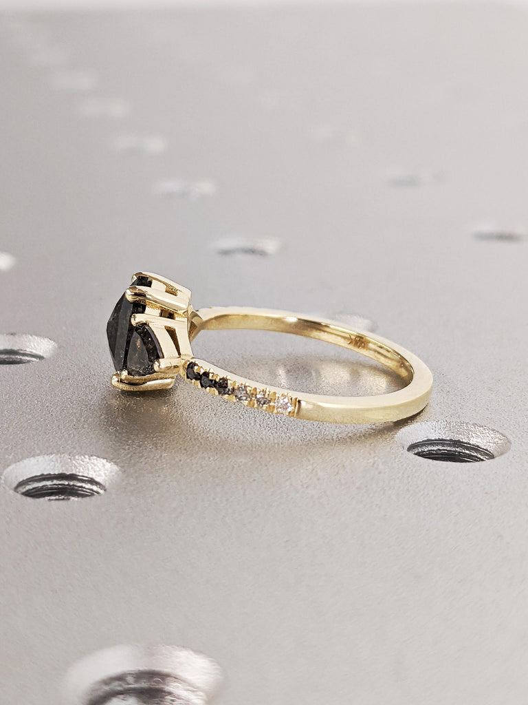 Rose Cut Salt and Pepper Diamond Engagement Ring, Trillion Diamond Wedding Ring, 14K Solid Yellow Gold Diamond Pave Band, Ombre Diamond Ring