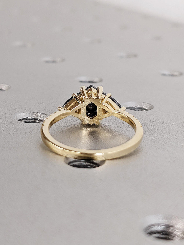 Rose Cut Salt and Pepper Diamond Engagement Ring, Trillion Diamond Wedding Ring, 14K Solid Yellow Gold Diamond Pave Band, Ombre Diamond Ring