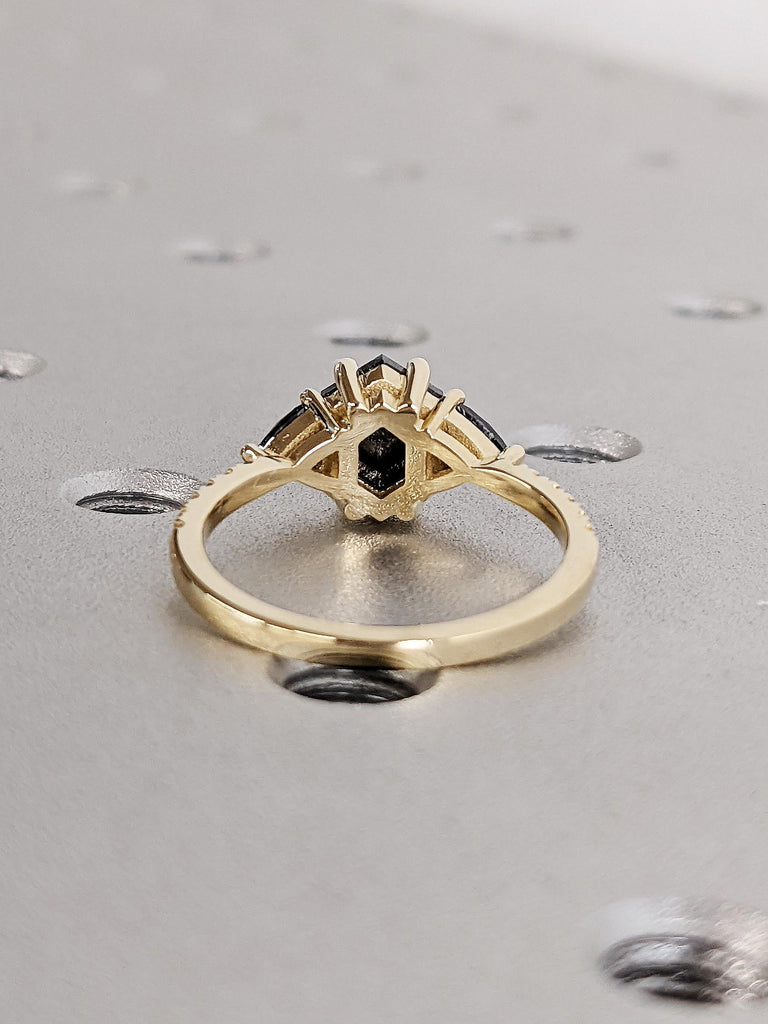 14K Yellow Gold Geometric Trillion Diamond Wedding Ring, Hexagon Cut Salt and Pepper Diamond Engagement Ring, Galaxy Diamond Wedding Ring
