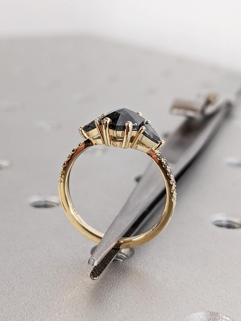 Rose Cut Salt and Pepper Diamond Engagement Ring, Trillion Diamond Wedding Ring, 14K Solid Yellow Gold Diamond Pave Band, Ombre Diamond Ring