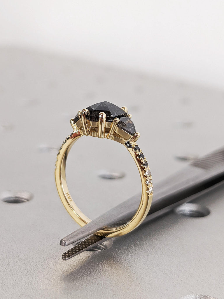Rose Cut Salt and Pepper Diamond Engagement Ring, Trillion Diamond Wedding Ring, 14K Solid Yellow Gold Diamond Pave Band, Ombre Diamond Ring