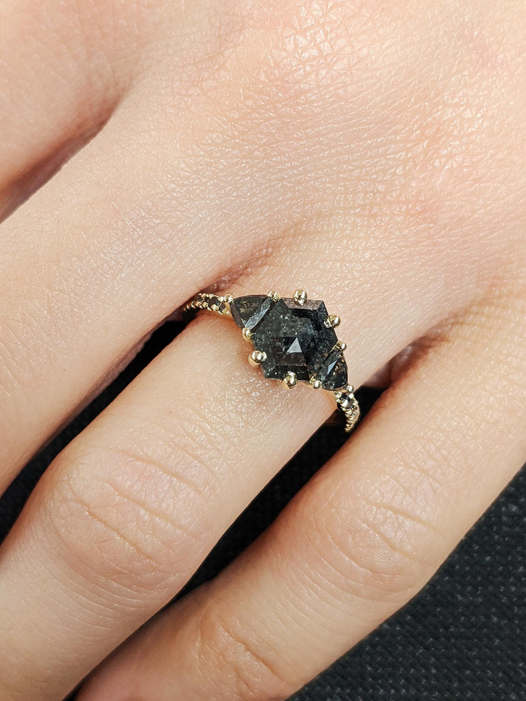 Rose Cut Salt and Pepper Diamond Engagement Ring, Trillion Diamond Wedding Ring, 14K Solid Yellow Gold Diamond Pave Band, Ombre Diamond Ring