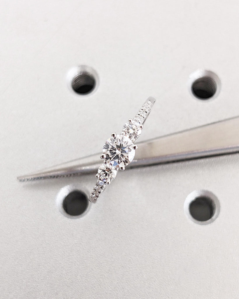 Round Cut Moissanite Engagement Ring | Round Three Stone Engagement Ring | Custom Bridal Ring | Promise Ring | Gift for Her | 14K White Gold
