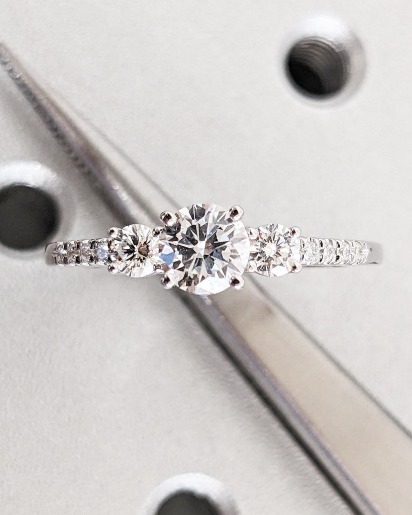 Round Cut Moissanite Engagement Ring | Round Three Stone Engagement Ring | Custom Bridal Ring | Promise Ring | Gift for Her | 14K White Gold
