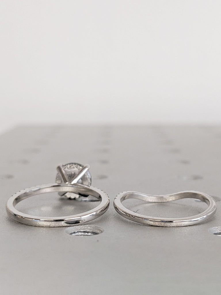 Raw Diamond Engagement Ring, Art Deco Salt and Pepper Ring, 14k White Gold Ring Bridal Set, Curved Wedding Band, Half Eternity Diamond Ring