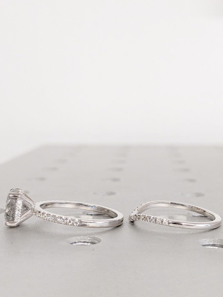 Round Cut Salt and Pepper Diamond Ring, Vintage Engagement Ring Set, 14k Gold Diamond Hidden Halo Ring, Gift for Her, Diamond Eternity Ring