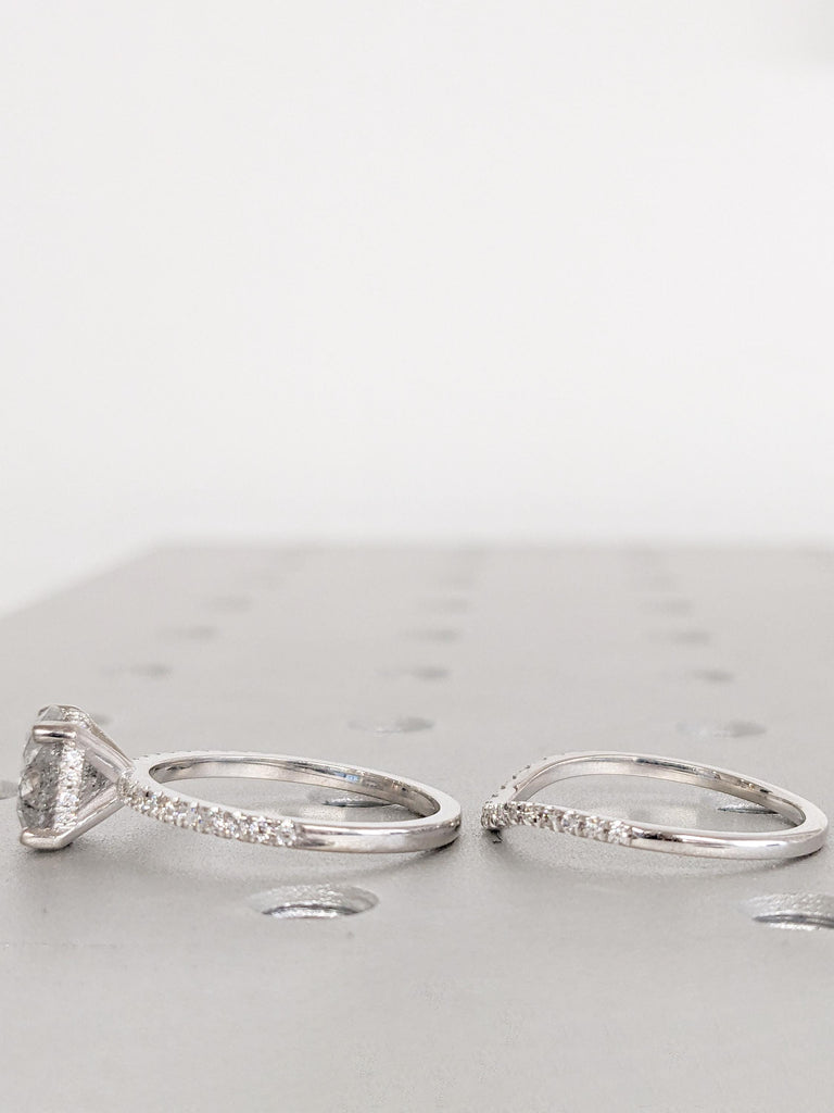 Raw Diamond Engagement Ring, Art Deco Salt and Pepper Ring, 14k White Gold Ring Bridal Set, Curved Wedding Band, Half Eternity Diamond Ring