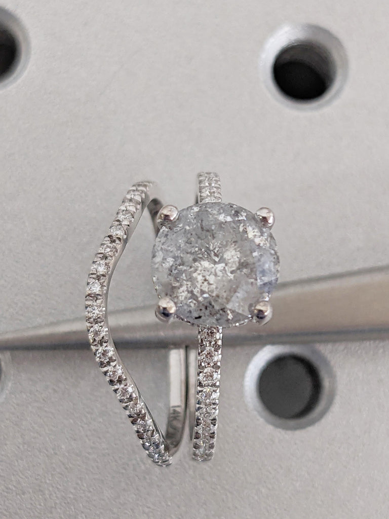 Round Salt and Pepper Diamond Engagement Ring, Unique 14k White Gold Ring Set, Vintage Wedding Ring, Lab Grown Diamond Half Eternity Band