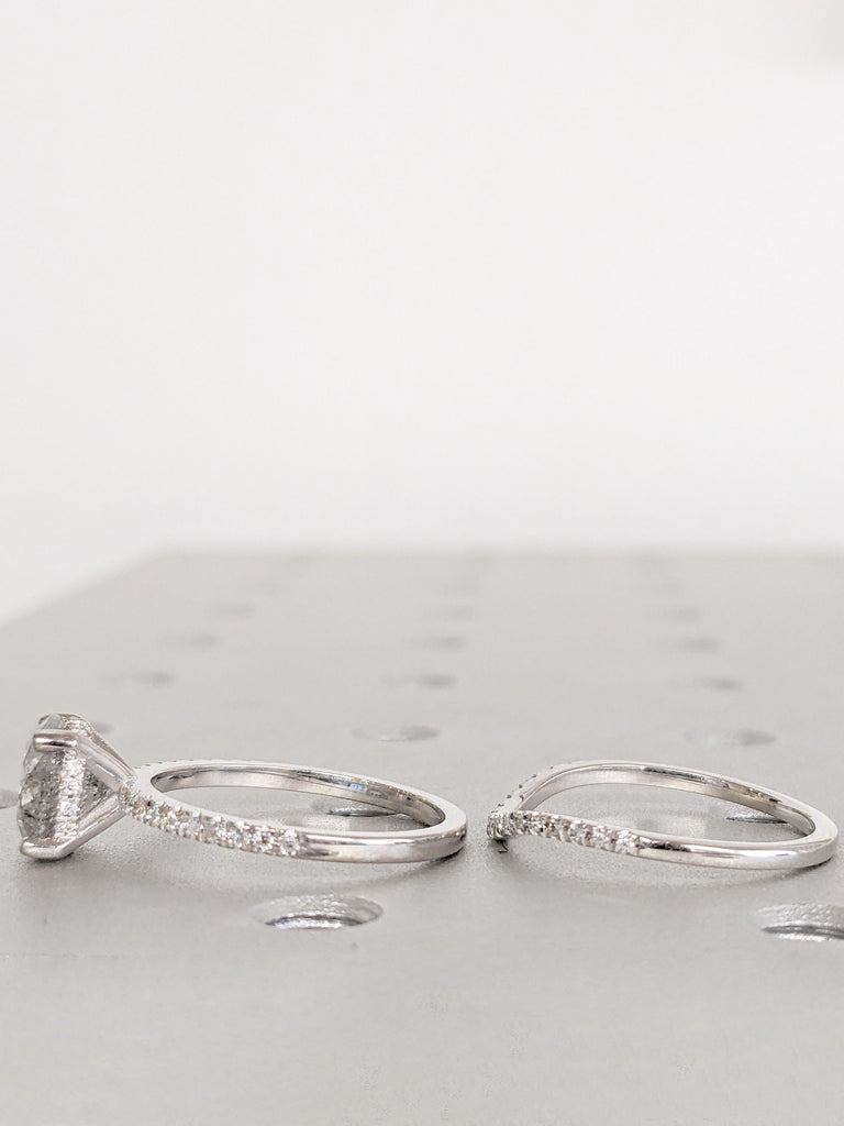 Round Salt and Pepper Diamond Engagement Ring, Unique 14k White Gold Ring Set, Vintage Wedding Ring, Lab Grown Diamond Half Eternity Band